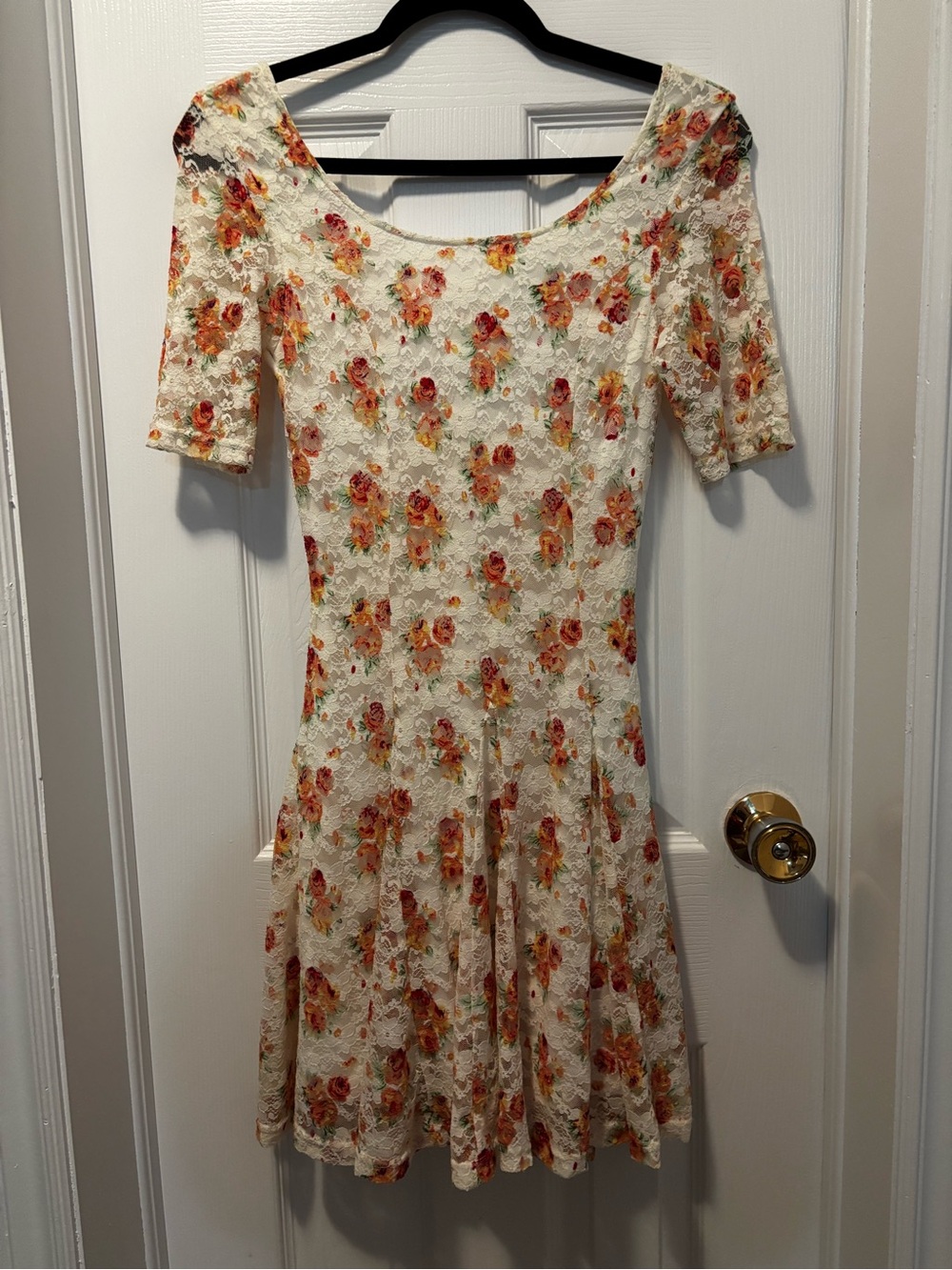 Suzy Shier Cream Lace Mini Dress with Orange and Pink Floral Print